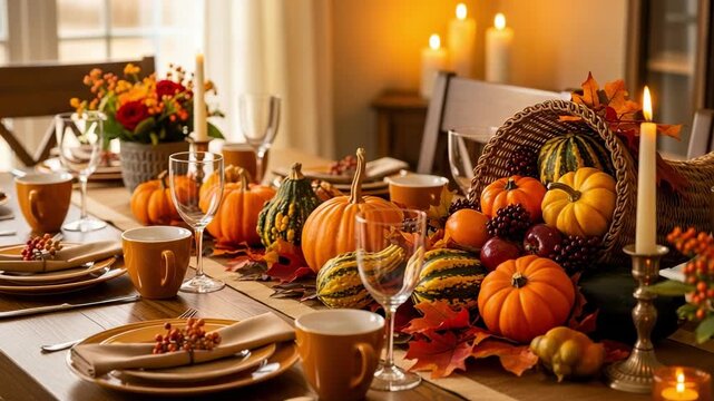 Festive Thanksgiving dinner table setting with a cornucopia centerpiece. Autumn harvest celebration with pumpkins, gourds, and candles in a cozy home.