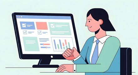 Confident businesswoman analyzes charts and data on computer screen, planning business strategy and achieving success in modern office