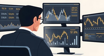 Focused analyst meticulously reviews complex financial data displayed across multiple trading monitors, seeking profitable investment opportunities.