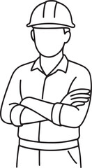 line art drawing of engineer worker in hard hat with arms crossed vector illustration