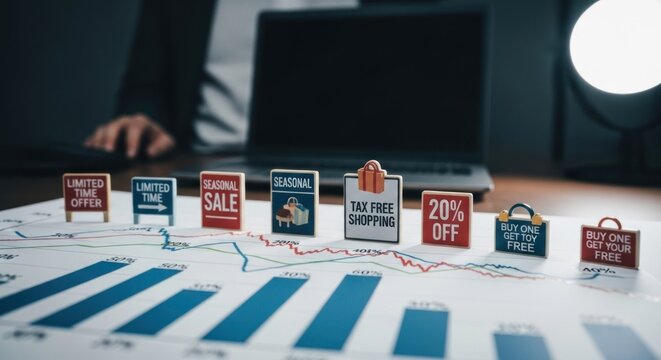 Sales data analysis with signs on a chart, laptop, and lamp visible