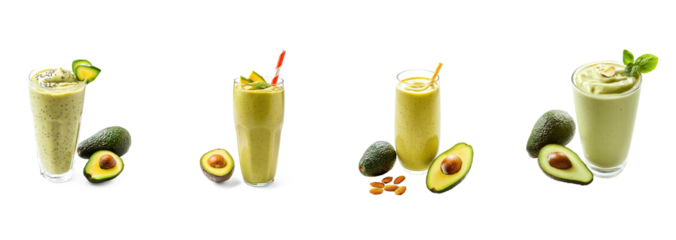 Collection of healthy avocado smoothie, blended with almond milk and honey. full length isolate on transparent background