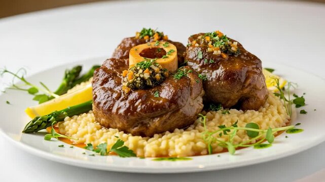 Gourmet Osso Buco, a traditional Italian dish of braised veal shank, served over creamy saffron risotto with asparagus and gremolata.