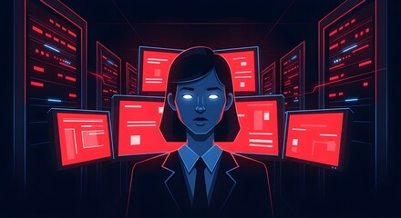 Determined woman in suit surrounded by glowing server racks and monitors, symbolizing cybersecurity or data analysis.