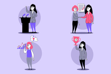 Collection of women engaged in various leadership activities, including public speaking, networking, and celebrating achievements