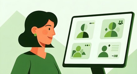 Smiling woman engages in a virtual team meeting, collaborating with colleagues on a digital platform for remote work success