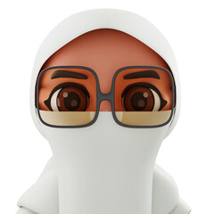 3D Render 3D character in a white hijab and glasses; friendly, tech-savvy persona for inclusive marketing, education, and digital services.
