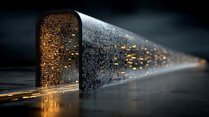 A futuristic, digital tunnel with glowing, binary code and light trails, set against a dark, industrial background.