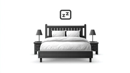 Bed with pillows and nightstands with lamps, and sleep symbol above it.