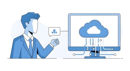 Confident businessman interacts with cloud data on computer screen, symbolizing digital transformation and technological advancement in business.