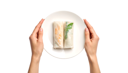 A pair of hands holds a plate with spring rolls, symbolizing a healthy and fresh meal offering.