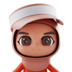 3D Render Friendly 3D avatar of a hijab wearing cyclist in orange gear for apps, branding, and web visuals.