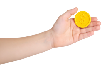 A hand holds a yellow dollar coin, symbolizing finance, investment, and future savings.