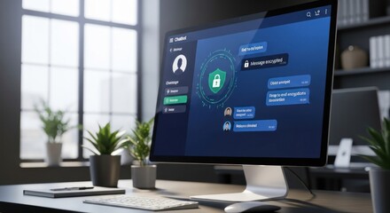 Security-focused chat interface displayed on desktop, indoor workplace setting