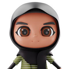 3D Render 3D illustration of a girl in a black hijab with large eyes; friendly character for cultural or educational visuals.