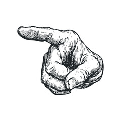 Hand pointing to the left in a sketch style