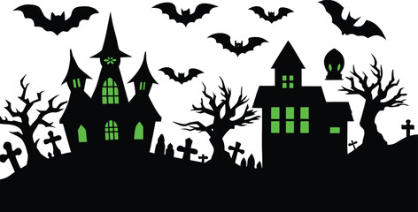 Spooky Halloween Castle Silhouette with Bats and Graveyard on transparent background