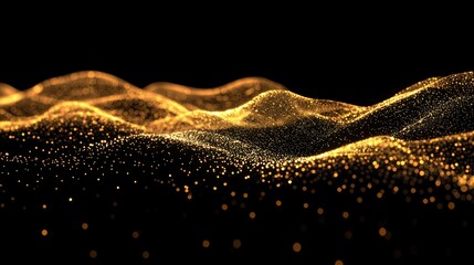 Golden Sparkling Wave Pattern on Black Background for Digital Art or Technology Design