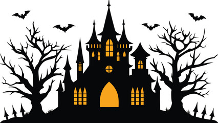Spooky Castle Silhouette with Bats and Bare Trees on Transparent Background