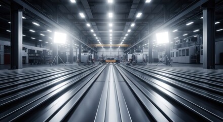 Industrial hall with parallel lines leading to machinery under bright lights