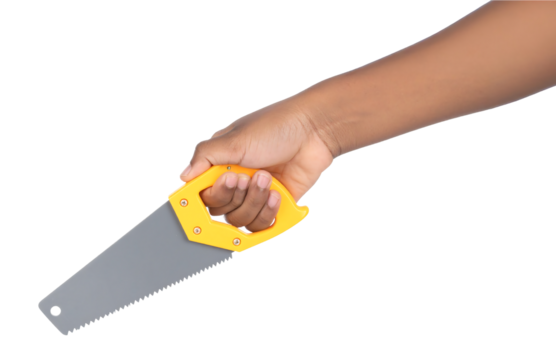 A hand holds a gray and yellow plastic toy saw.