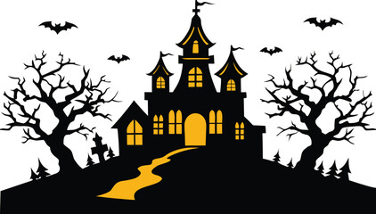 Spooky Halloween Castle Silhouette with Bats and Trees on transparent background