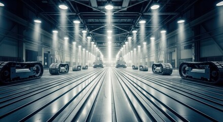 Industrial hall with symmetrical tracks, bright overhead lighting, blue tint