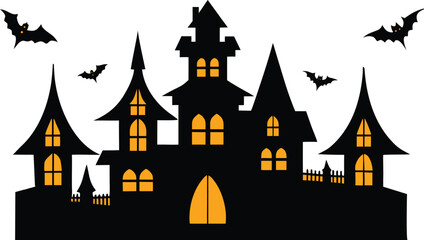 Spooky Halloween Haunted Castle Silhouette with Bats on transparent background
