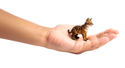 A hand holds a small toy cat figurine with a tiger-like pattern.