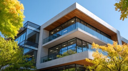A modern, multi-story building with a concrete exterior and wooden accents, surrounded by autumn leaves, with a clear blue sky in the background.