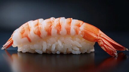 Close-up shrimp sushi piece on dark surface, food preparation, restaurant background