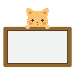 Cute cat holding board frame template design element.