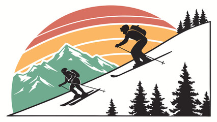 Retro Skiers Silhouette: Majestic Mountain Sunset,  Backcountry Adventure,  Vintage Style,  Bold Graphics,  Active Lifestyle,  Winter Sports,  Peaceful Mood,  Outdoor Recreation.
