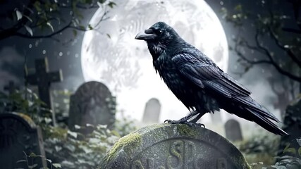 Mysterious Raven Perched on Ancient Gravestone in Spooky Cemetery Under Full Moon at Night - Powered by Adobe
