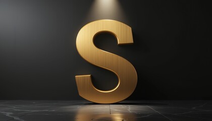 elegant golden uppercase letter s illuminated by spotlight on dark background casting shadow on