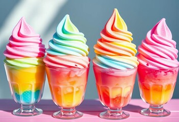 Pastel rainbow snow cones in clear cups, vibrant summer refreshment,   delicious,   deliciousness