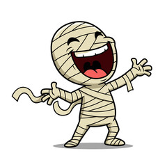 Joyful cartoon mummy with loose bandages, laughing with arms wide open on a white background.