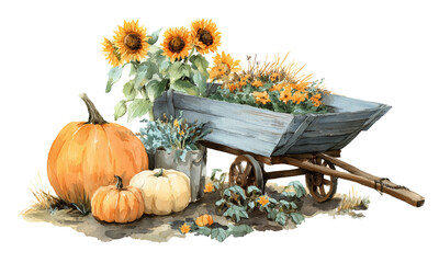 Watercolor illustrations farmhouse illustration, Autumn harvest scene with rustic wheelbarrow, pumpkin, sunflowers, hay, pumpkin patch