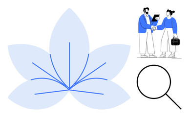 Business professionals exchanging a handshake, abstract flower graphic symbolizing teamwork, with a magnifying glass for research. Ideal for collaboration, growth, agreement, analysis, partnership