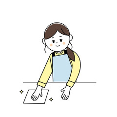 テーブルを拭く若い女性