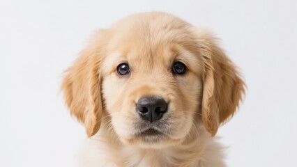 Fototapeta premium A Golden Retriever puppy with light golden fur, bright eyes, and a cute and gentle appearance. The pure white background highlights its cuteness even more. 