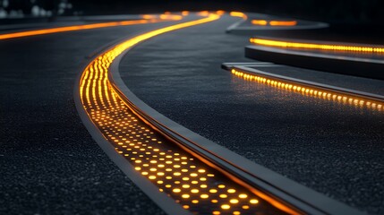 Illuminated Pathway Curving on Dark Surface with Glowing Light Points