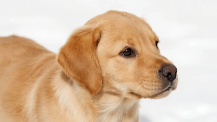 A Golden Retriever puppy with light golden fur, bright eyes, and a cute and gentle appearance. The pure white background highlights its cuteness even more.
