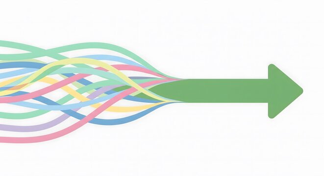 Merging multicolored wavy lines converge into a solid green arrow pointing forward, symbolizing unity, collaboration, teamwork, and a unified direction for success
