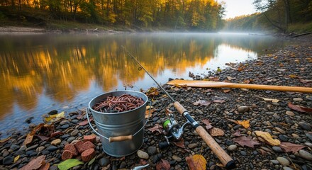 Fishing rod and a bucket of bait worms on a riverbank in autumn