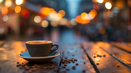 Cozy coffee cup on a wooden table with bokeh lights