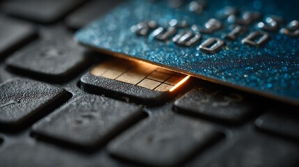 A close-up of a credit card with a glowing orange light on it, placed on a computer keyboard with a blue and black keyboard key.