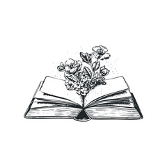 Open book with blossoming flowers and leaves emerging