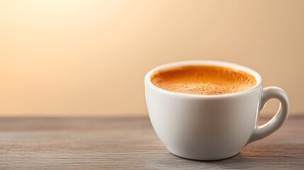 Aromatic coffee in a white cup on a wooden surface