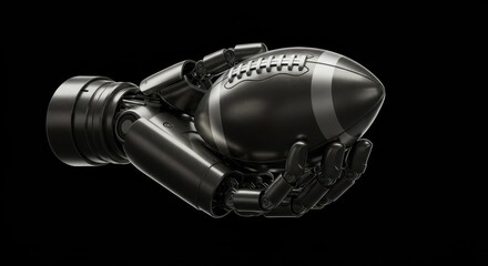 Futuristic football concept, robotic hand cradling a football against dark backdrop